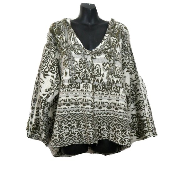 Free People Sweaters - Free People Medium Embroidered Boho Pullover Hoodie Sweater Oversized Green